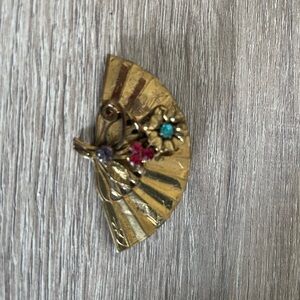 Vintage Gold Fan Brooch with Floral Accents
